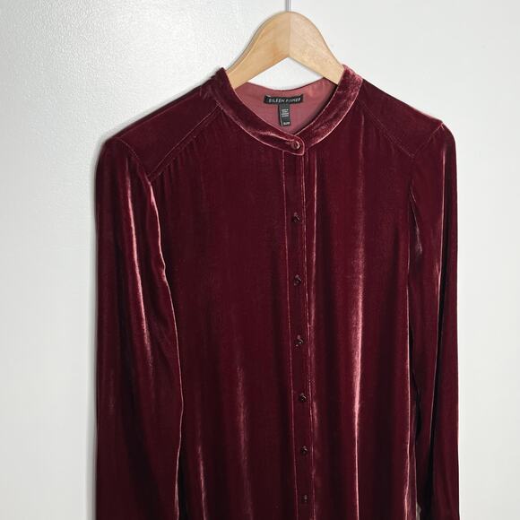 Eileen Fisher Womens Velvet Silk Blend Button Up Tunic Top XS Burgundy Lagenlook - Picture 3 of 10